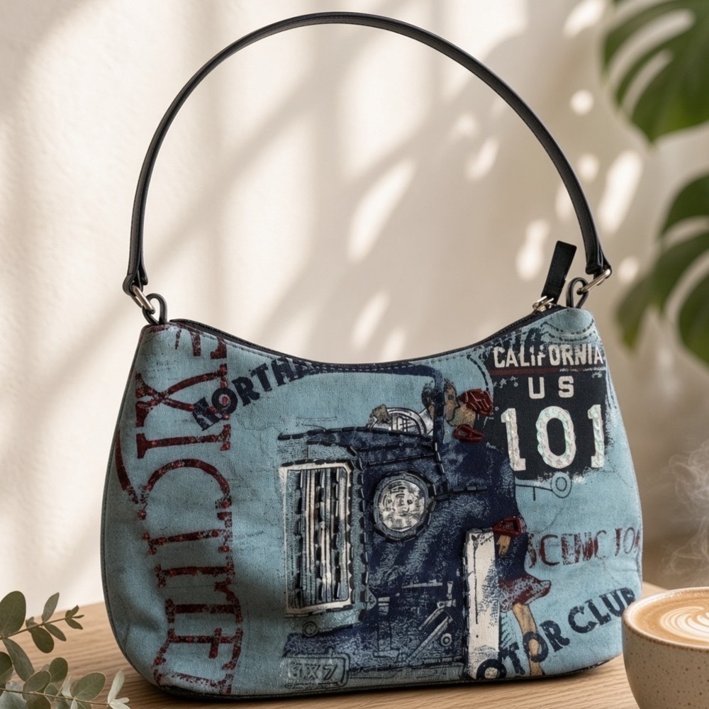 Vintage California US 101 Motor Club Baguette Shoulder Bag Blue Beaded Sequin